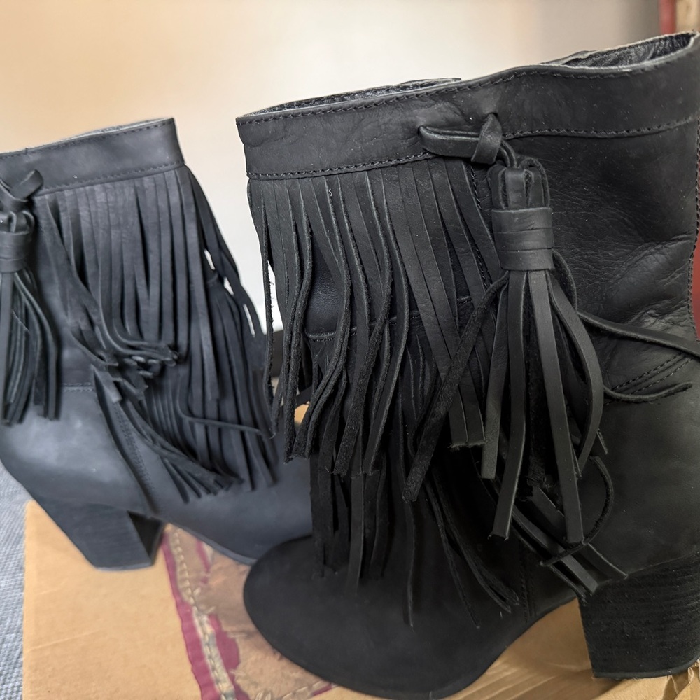 Ralph Lauren Black Leather Fringe Ankle Booties
